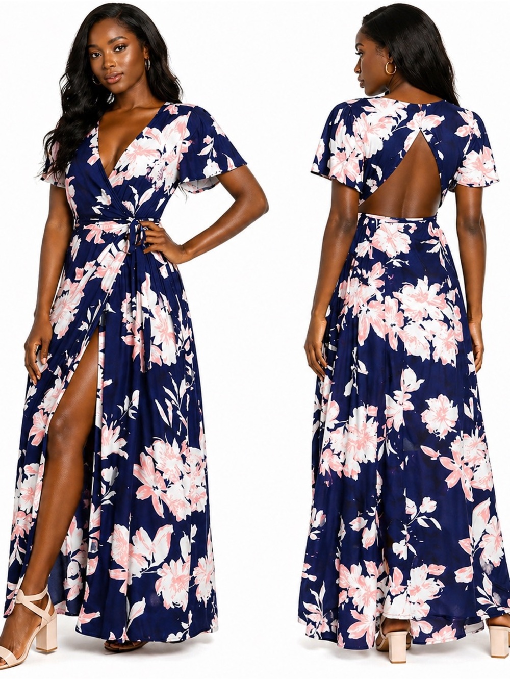 Lulu’s • Azalea Regalia Navy Blue Floral Print Wrap Maxi Dress